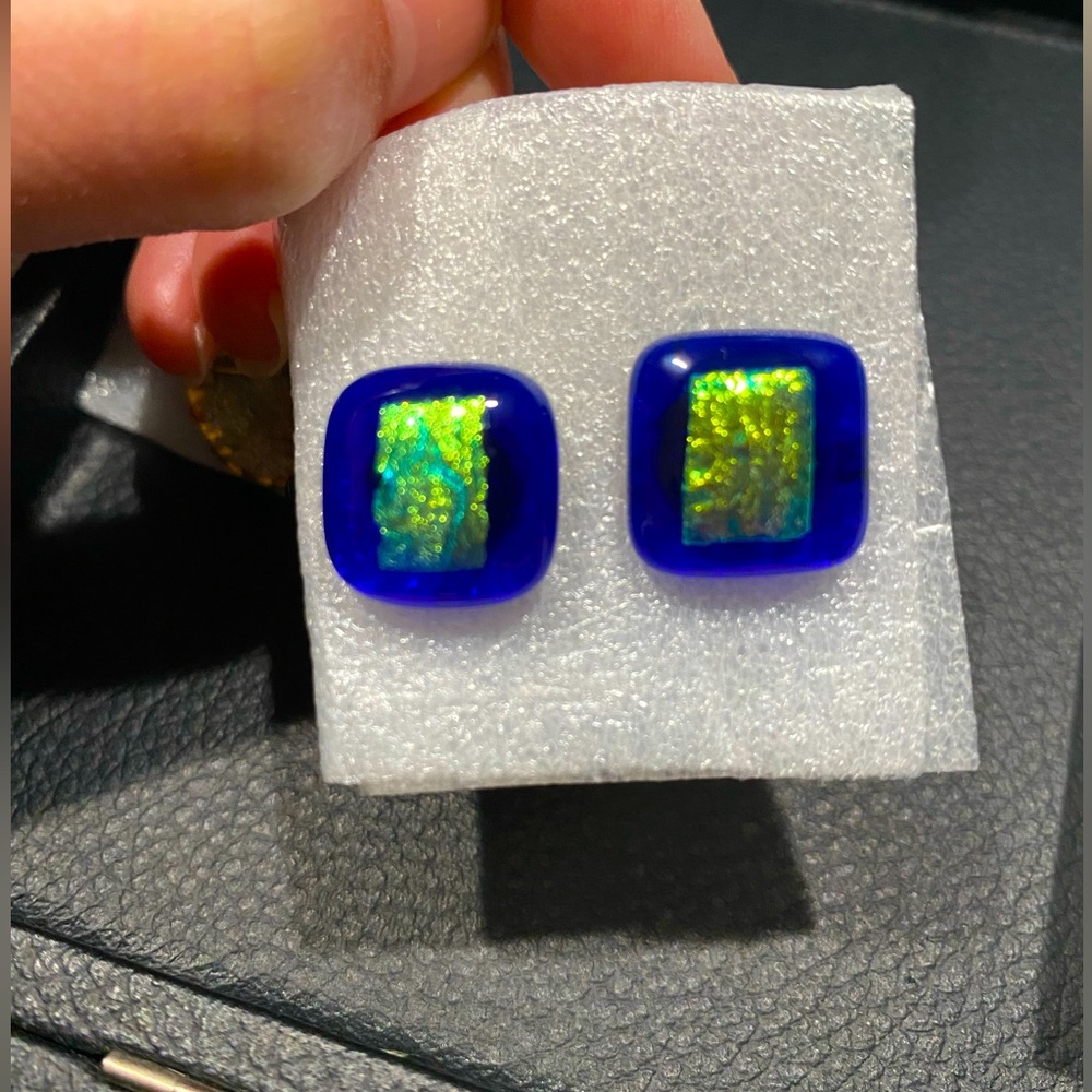 Beautiful Blue Glass With Iridescent Center Handmade Earrings